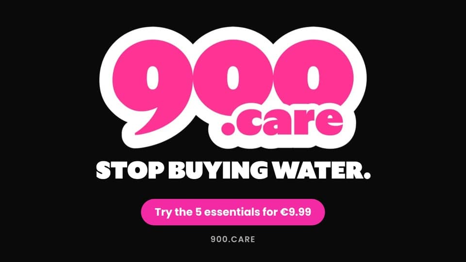 900.care end frame with the logo and the line Stop buying water against black