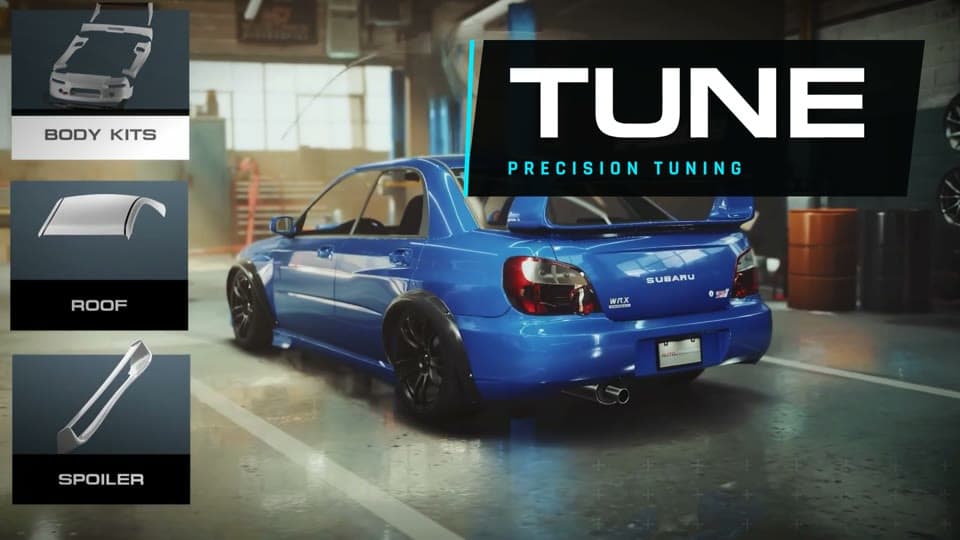 Auto Legends game trailer frame showing a blue car in a tuning interface