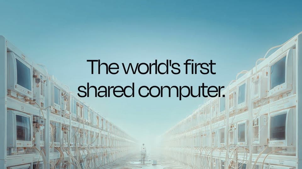 Bless launch film frame with the words The world's first shared computer over a light architectural scene