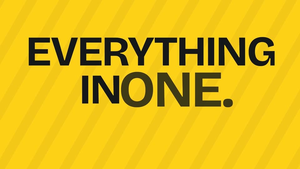 Bungee launch film frame reading Everything in One on a bright yellow background