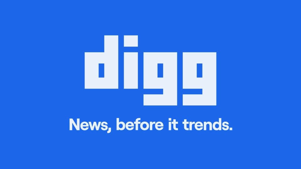 Digg brand film frame with its logo and the line News, before it trends on blue