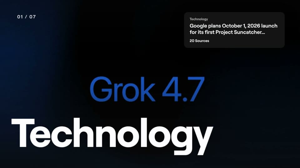 Digg film frame showing a technology story headed Grok 4.7
