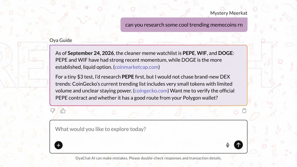 OyaChat interface showing a research response inside the chat.