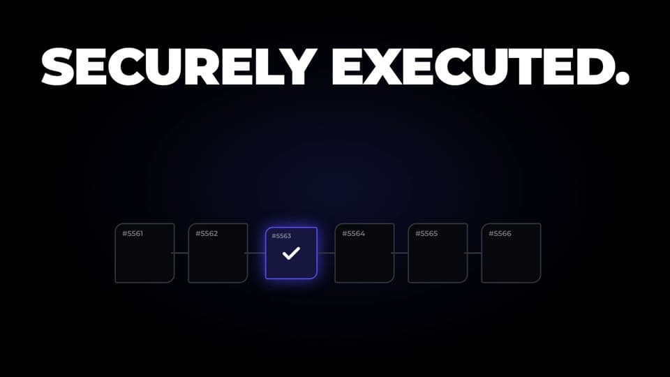 Aizel film frame saying Securely Executed above a dark sequence of connected panels