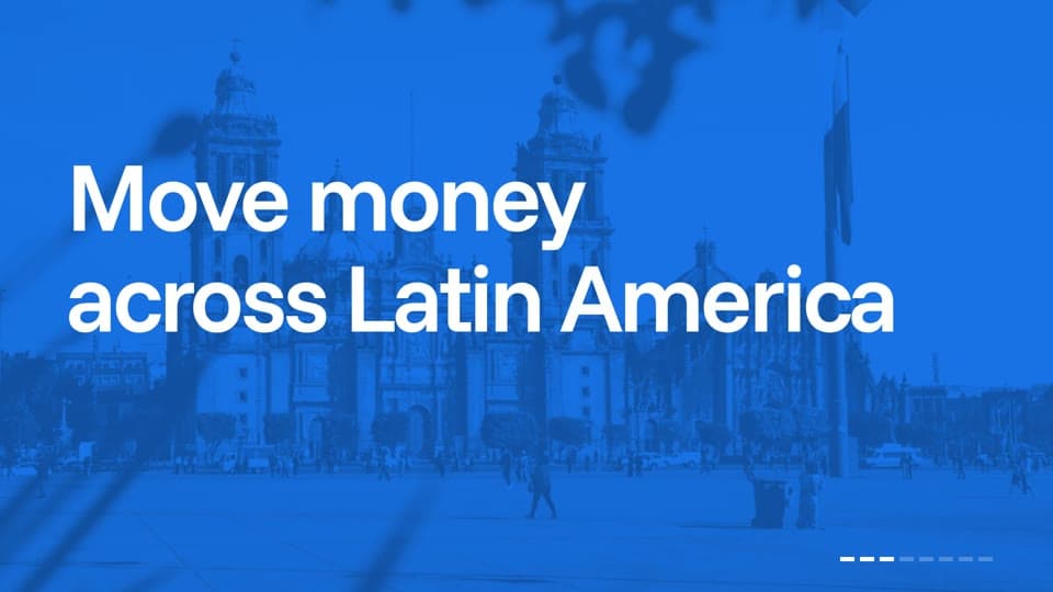 Alfred film frame with the line Move money across Latin America on a blue background