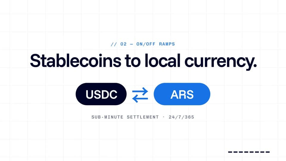 Alfred film frame showing stablecoins converting to local currency with USDC and ARS labels