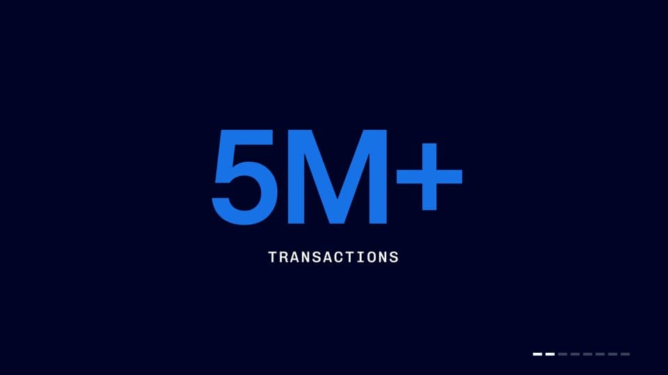 Alfred film frame displaying a large transaction-count graphic in blue type