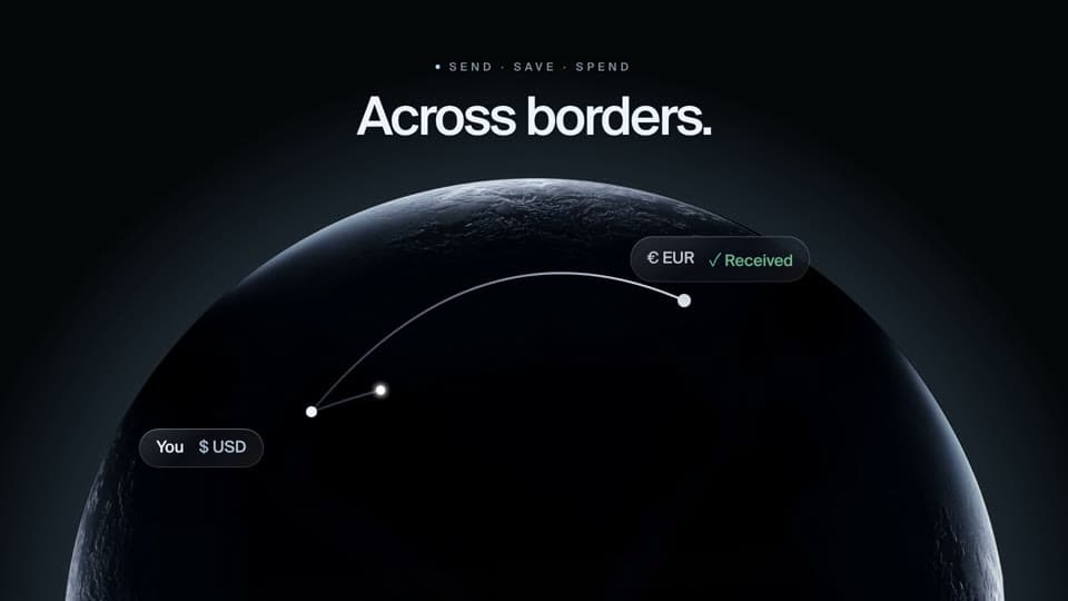 Ethena Pay launch film frame with a globe, a transfer path, and the line Across borders