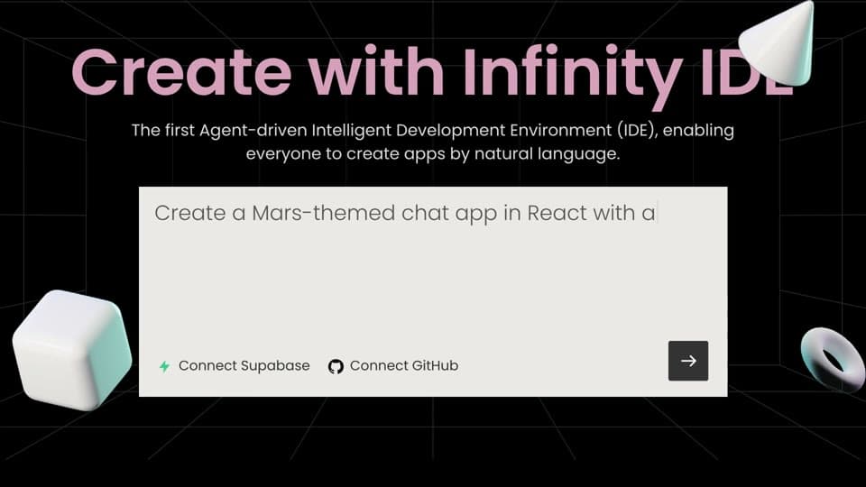 Infinity Ground film frame showing an app idea entered in the Agentic IDE.