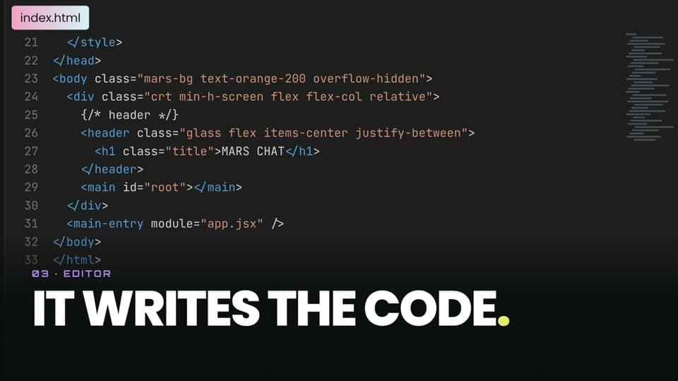Infinity Ground film frame showing code with the caption “IT WRITES THE CODE.”