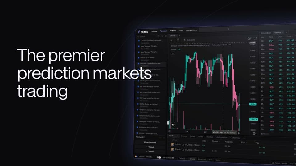 Kairos trading terminal beside the film's prediction-markets tagline.